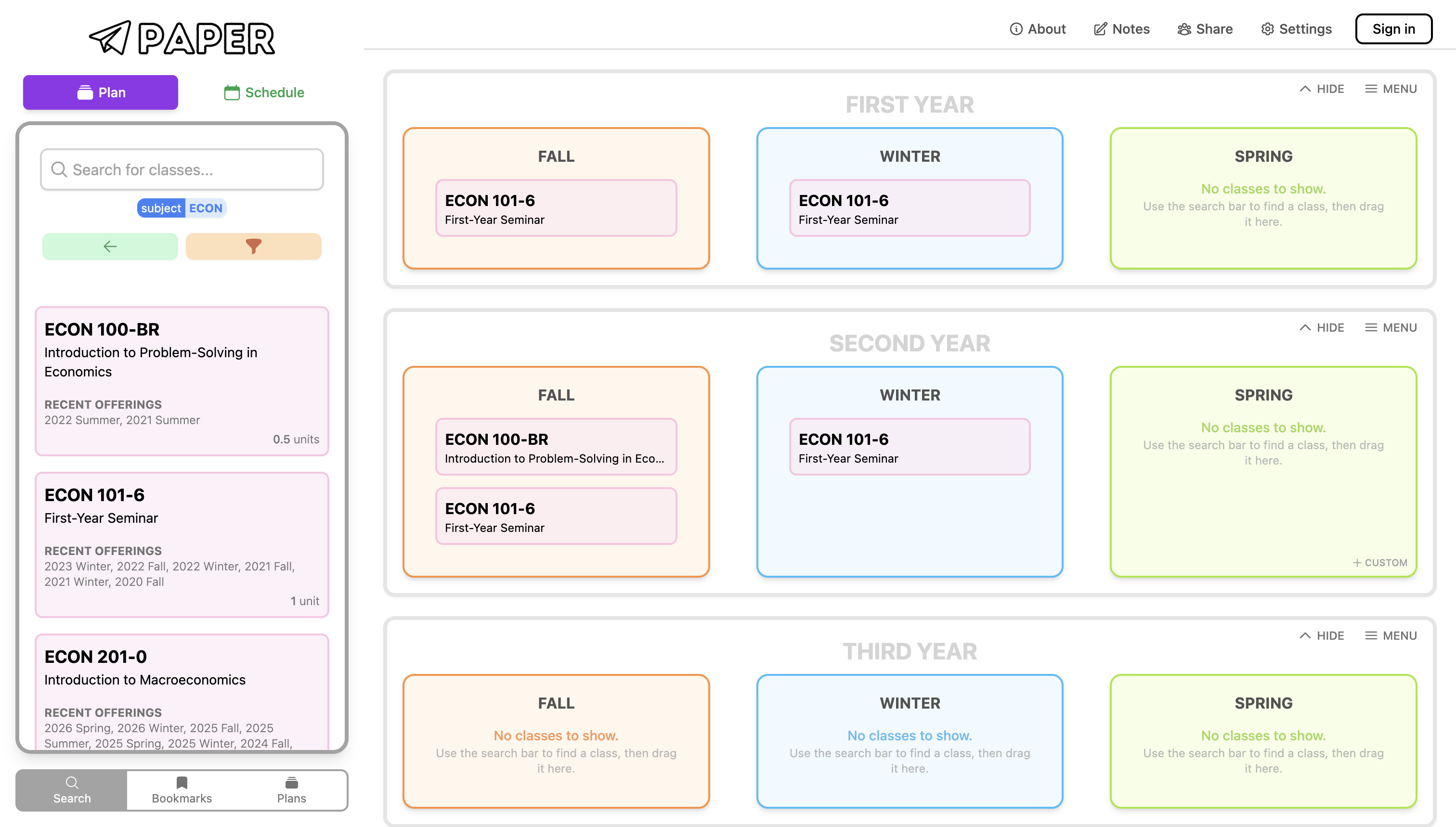 Paper – schedule builder view